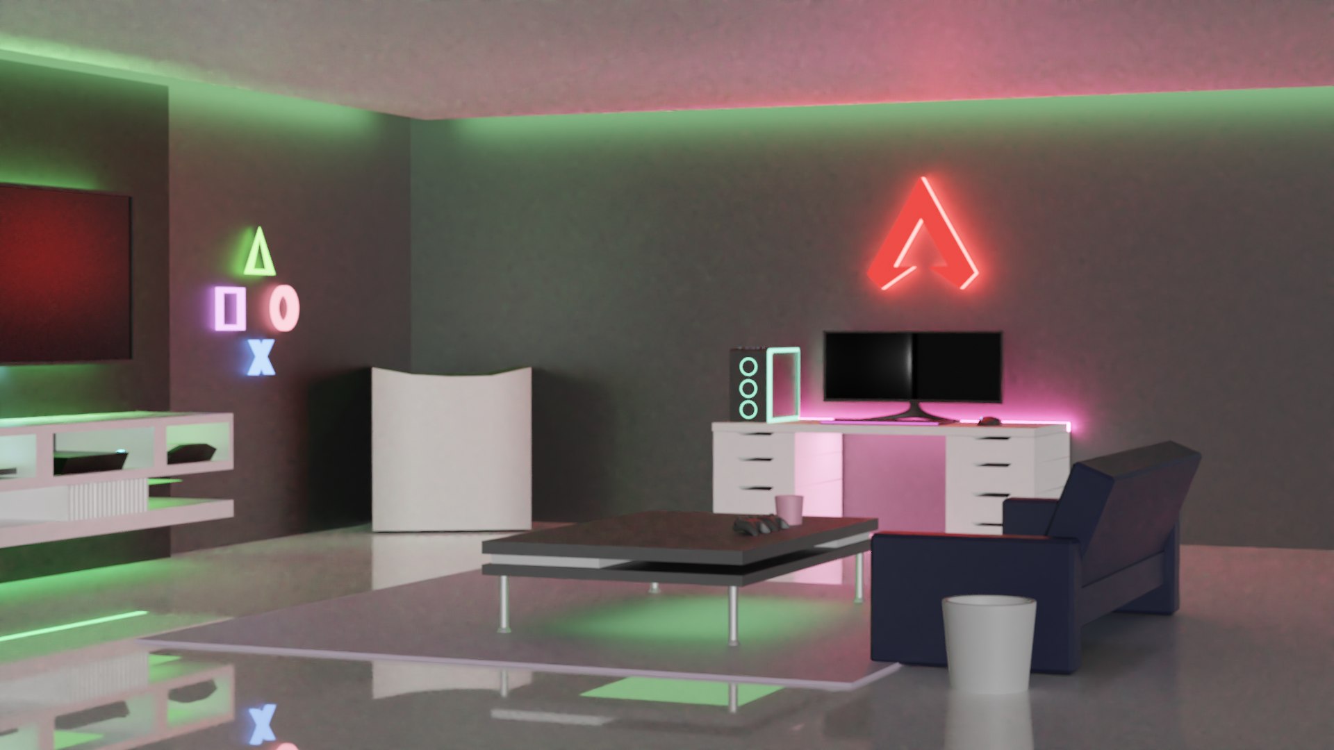 GamingRoom room with neon lights and furniture | 3D model