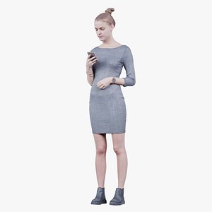 Woman in Grey Dress Texting Remastered 3D