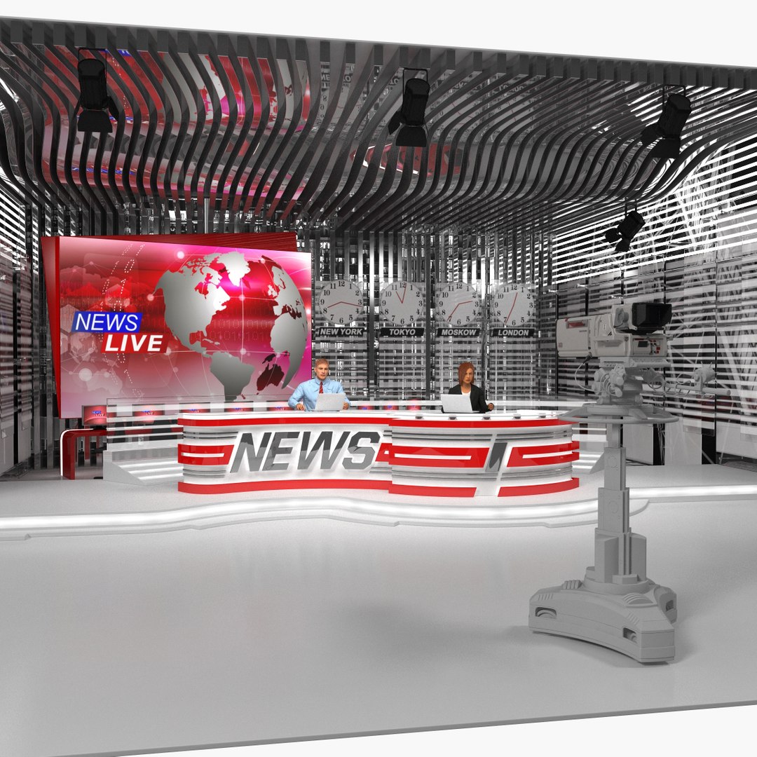 Big News TV Studio with Presenters Rigged 3D Model