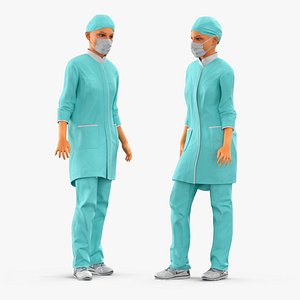 Hospital Staff Woman T Pose Turquoise Fur Rigged for Cinema 4D
