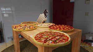 3D Realistic 5 Pizzas Pack Set on Wooden Table
