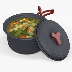 Travel Stew Pot with Red Handle Filled