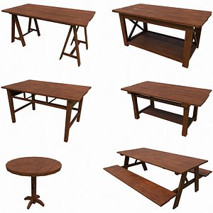Set of 6 Antique Medieval Wooden Tables 3D model