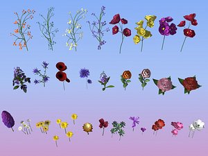 3D Plants set cartoon Flowers bushes grass