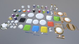Kitchen Dishes Plates Cups Pack Lowpoly