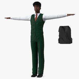 3D Black Teenager Dark Skin School Uniform Neutral Pose model