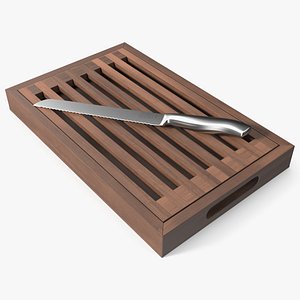 Dark Wood Bread Cutting Board with Crumb Tray and Knife