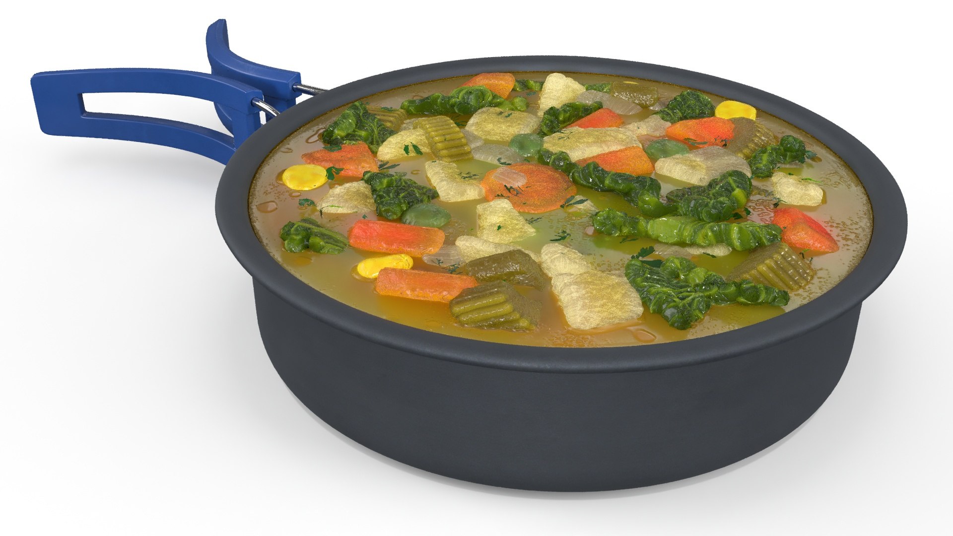 Camping Cooking Pot Blue Handle Vegetable Soup 3D model preview