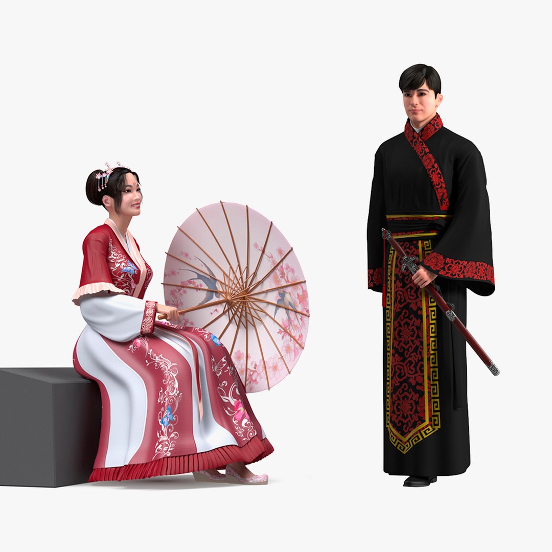 Rigged Traditional Style Chinese Man and Woman Collection 3D model preview