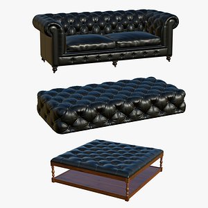 Realistic Chesterfield Leather Sofa Coffee Table 3D model
