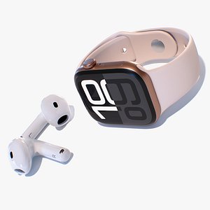 3D Apple Watch 10 Rose Gold and AirPods 4