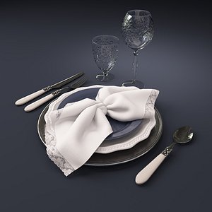 Tableware set of plates, glasses, cutlery and lace napkin