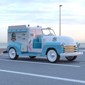 Retro Ice Cream Truck Two-Tone White Blue Rigged 3D