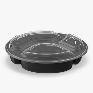 Round Takeout Food Container with 3 Compartments and Lid 3D