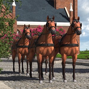 3D Realistic Four Horse Team with Harnesses with Fur Rigged