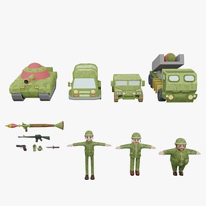 Cartoon Military Soldier Characters with Rig  Blendshapes Weapons Vehicles Pack 3D model