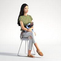 People Woman Asian Emily 005 Casual T-shirt Sitting Low poly