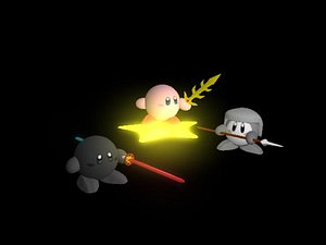 Kirby (Warp Star+Galaxia),ShadowKirby(Dual Sword), WaddleDee(Spear)