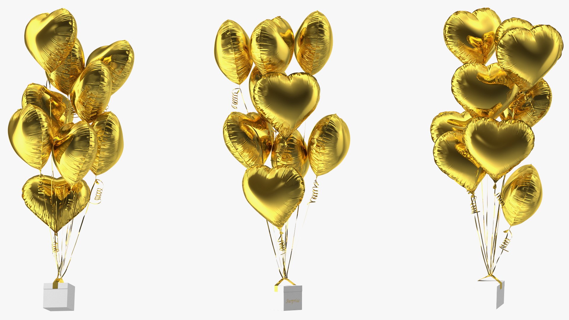 Heart Shaped Gold Balloons Tied To Gift Box Model - TurboSquid 1815044