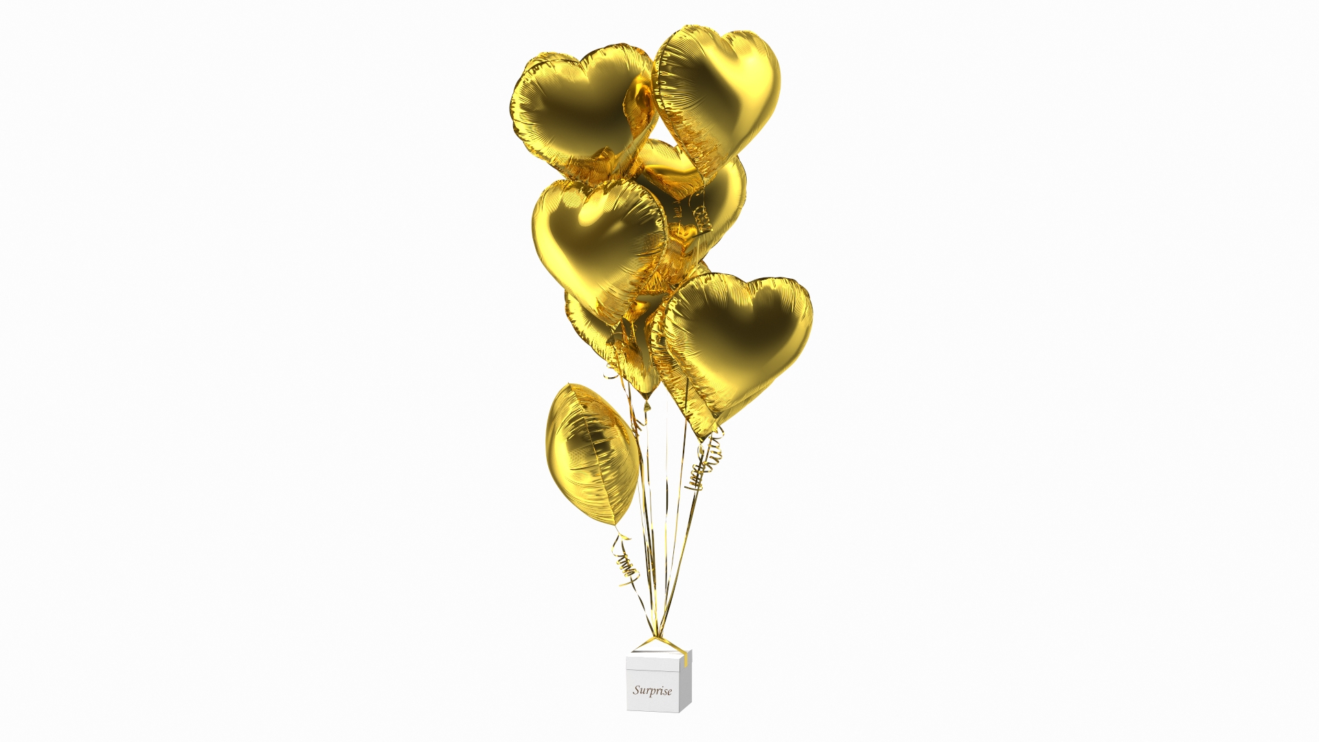 Heart Shaped Gold Balloons Tied To Gift Box Model - TurboSquid 1815044