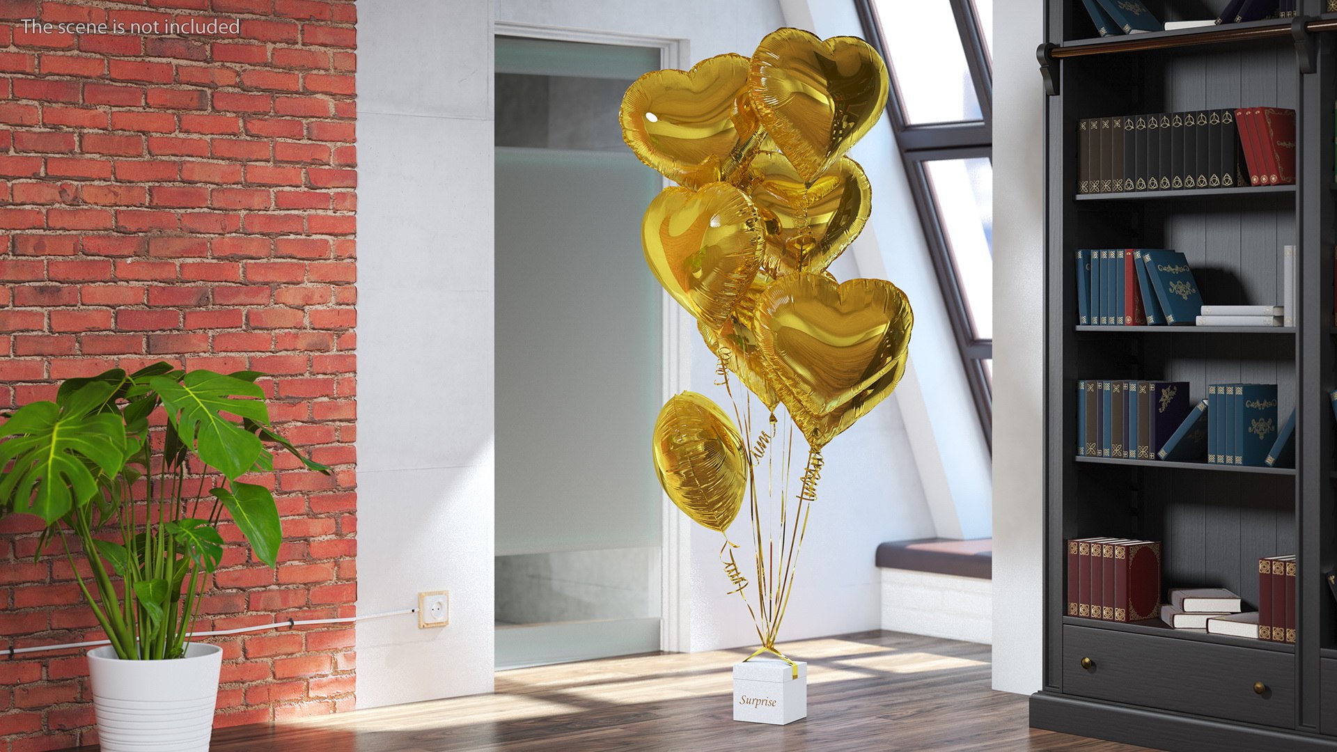 Heart Shaped Gold Balloons Tied To Gift Box Model - TurboSquid 1815044
