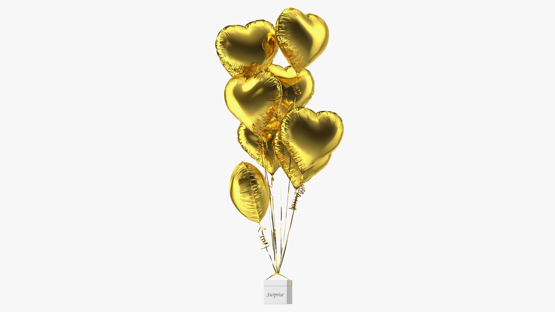 Heart Shaped Gold Balloons Tied to Gift Box 3D model preview
