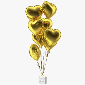 Heart Shaped Gold Balloons Tied to Gift Box model