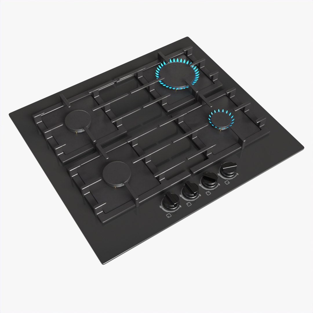 Gas Hob 4 Burners Glass Black 02 3D Model - TurboSquid 2027541