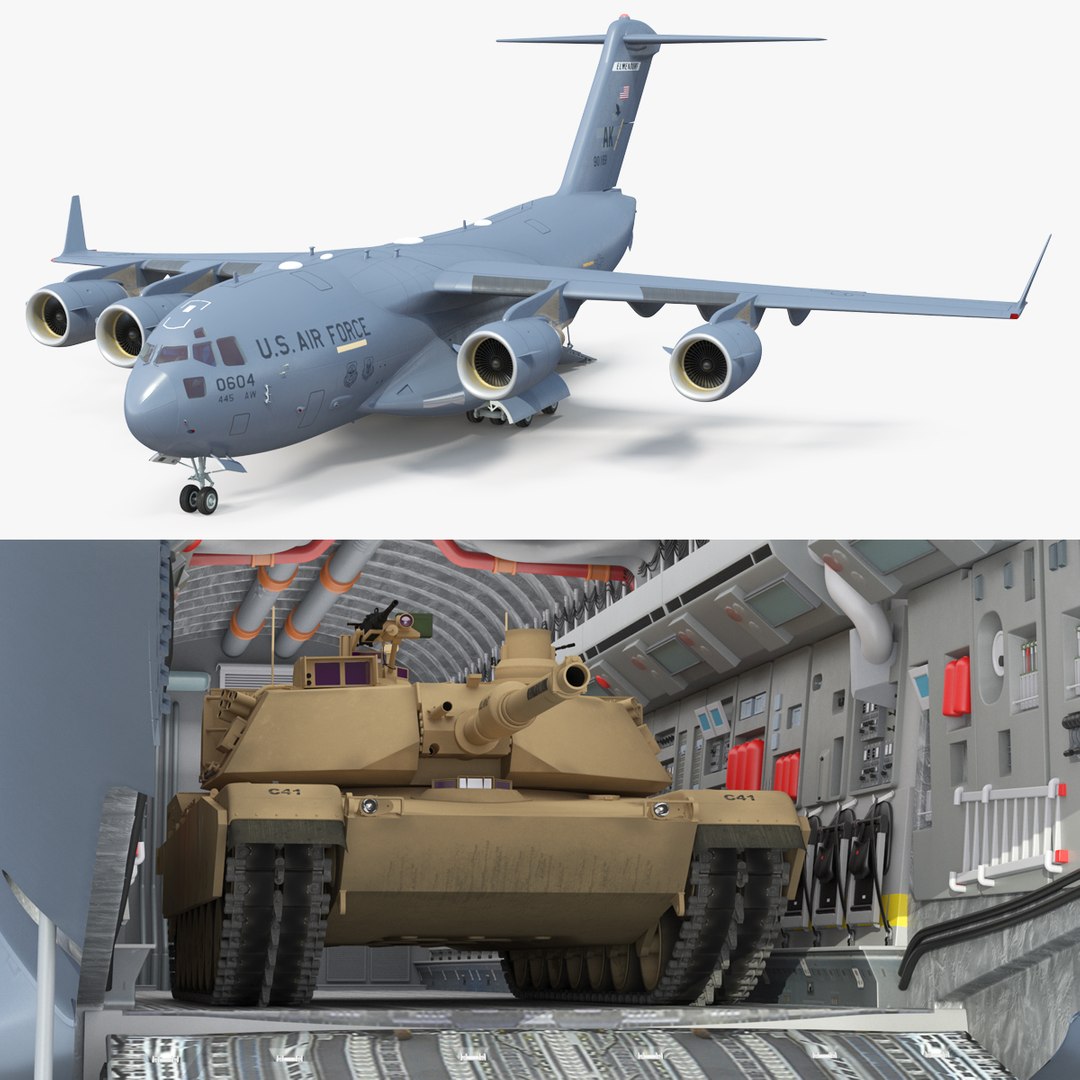 C 17 Globemaster III Tactical Transport Aircraft with M1A2 Abrams Tank 3D model for production scenes