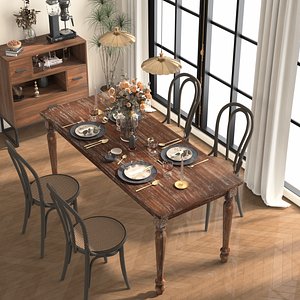 Vintage Distressed French Style Dining Room 3D Scene