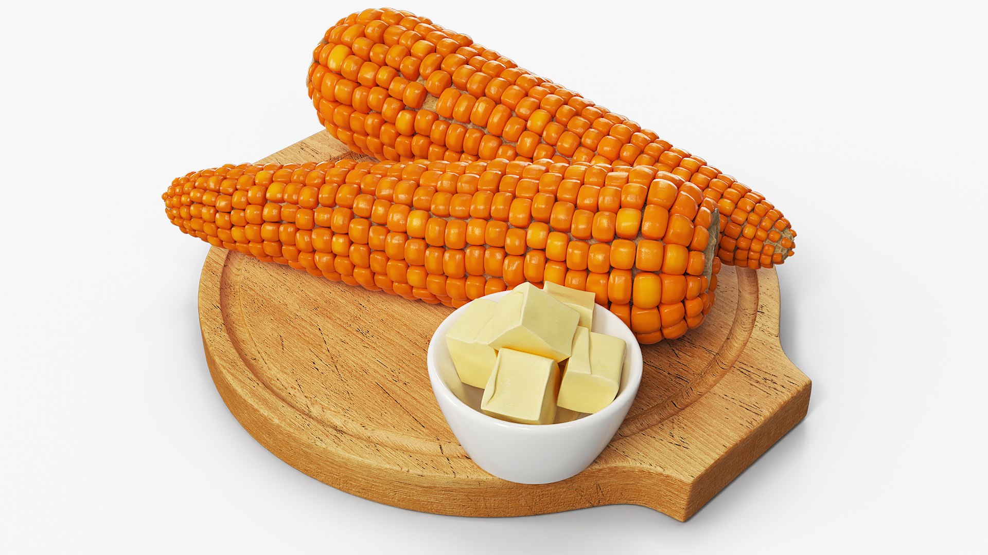 Cooked Corn on Cob with Butter Wooden Board 3D model preview