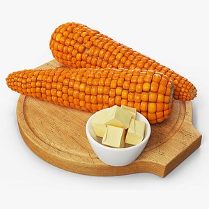 3D Cooked Corn on Cob with Butter Wooden Board