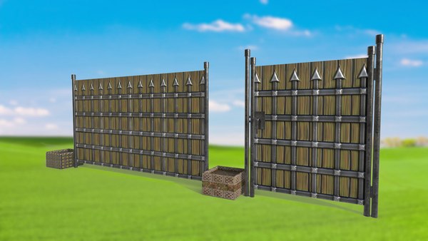 Fence with wooden gate and metal grate PBR Low-poly 3D model model