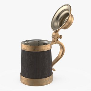 Antique Wooden Beer Mug with Metallic Accents 3D model