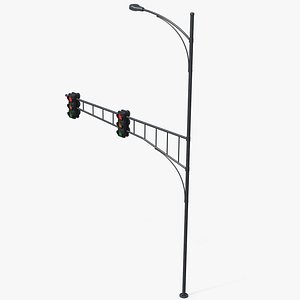 3D Red Traffic Light And Street Light Pole
