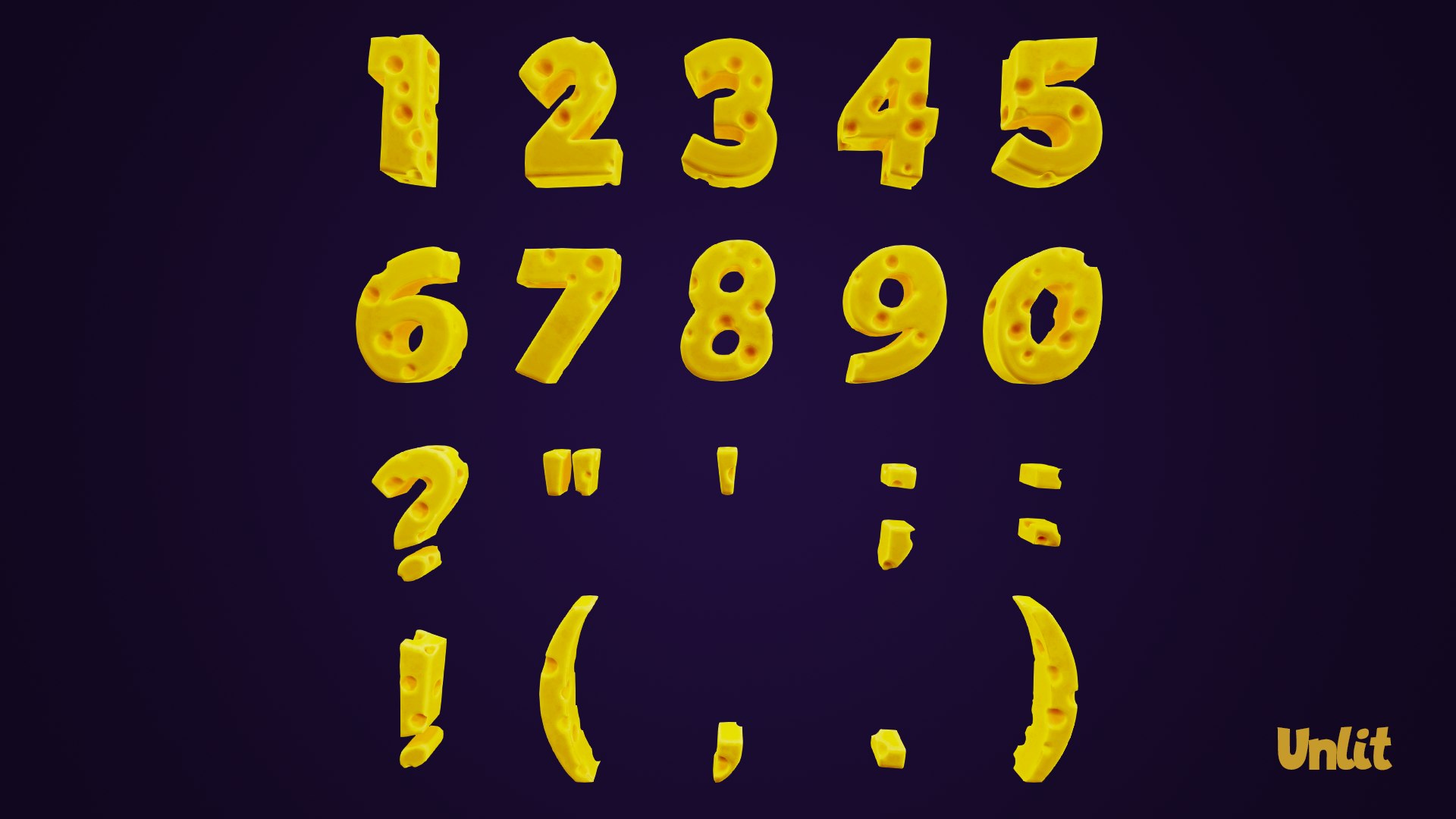 3D Cheese Alphabet Numbers https://p.turbosquid.com/ts-thumb/Yb/gN98MU/iE/numberssquareunlitdark.01/png/1689873203/1920x1080/fit_q87/eb42f431cc999dcce279622316d161c93274c8c7/numberssquareunlitdark.01.jpg