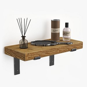 Rustic Wooden Shelf with Perfume and Mirror