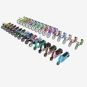 3D set of motorcycles and bicycles