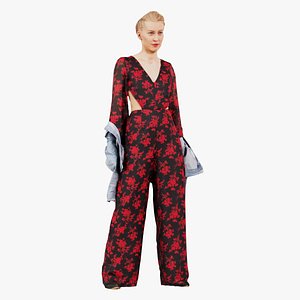3D Blonde in Red Flower Pants Taking Off Jeans Jacket Remastered model