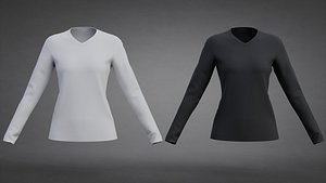 V-Neck Long-Sleeve Low-Poly T-Shirt - white and black textures 3D Clothing model