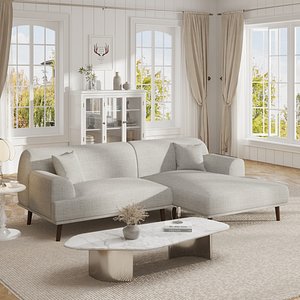 Modern Farmhouse Living Room with Light Linen L shaped Sectional Sofa 3D Interior Scene