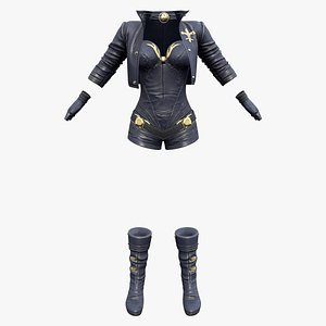 3D Navy Leather Cropped Jacket Strapless Shorts Dress Outfit model