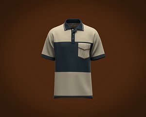Mens cut and sew polo shirt with color block and flap pocket model