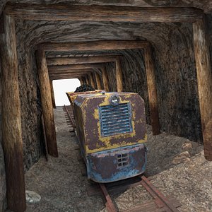 Mine Tunnel with Old Coal Cart Train