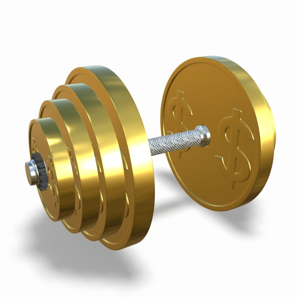 A gold dumbbell with a dollar sign model