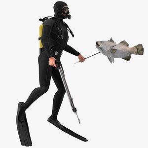 3D Diver with Underwater Speargun and Fish Rigged for Cinema 4D model