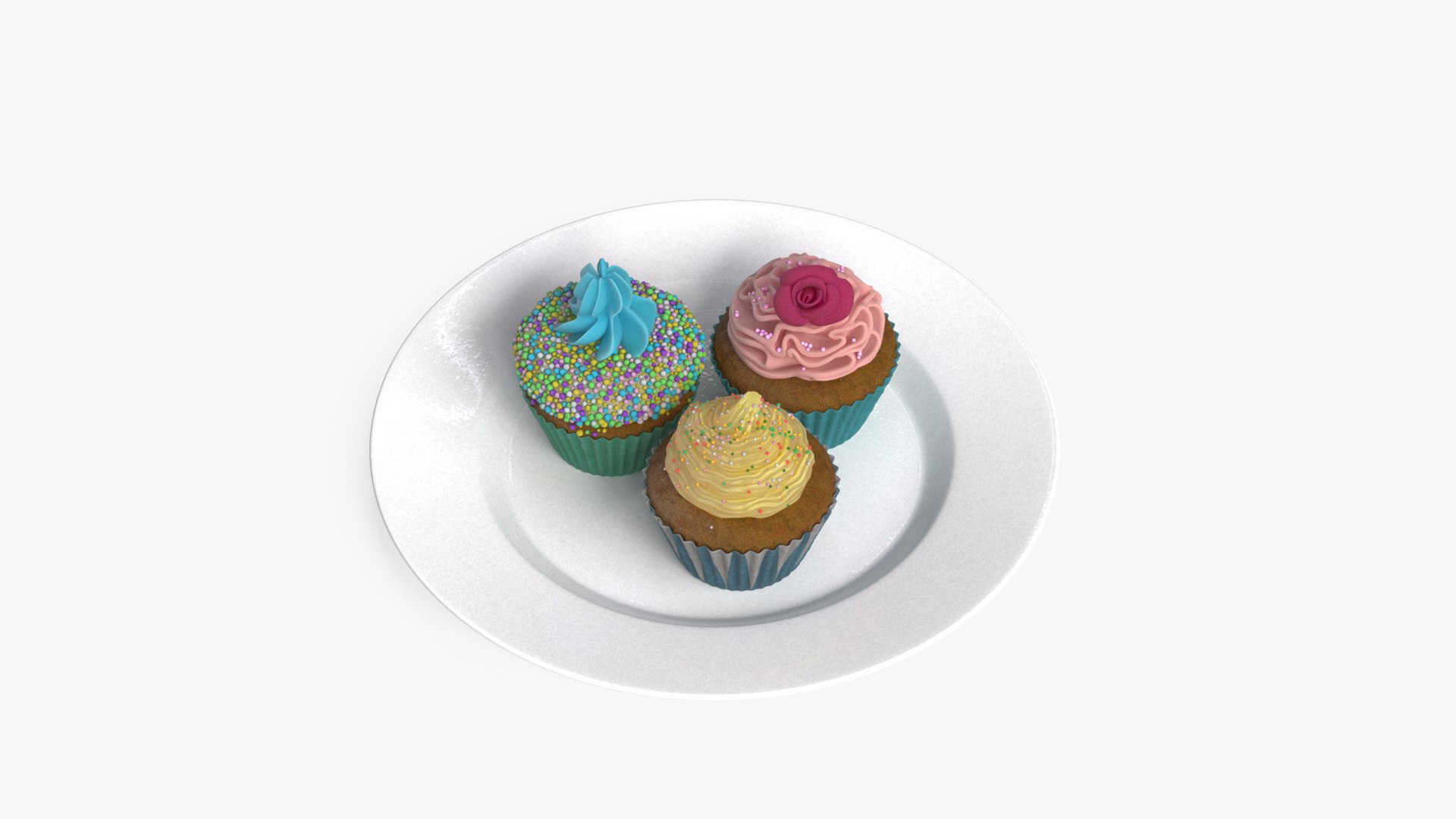 Three Cupcakes on Platter 3D model preview