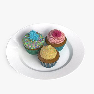 Three Cupcakes on Platter 3D