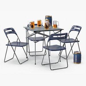 Portable Folding Table and Chairs Set with Beer Mugs and Kegs 3D model