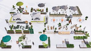 3D Modern Commercial Outdoor Street Furniture Planter Umbrella 3D Model Set